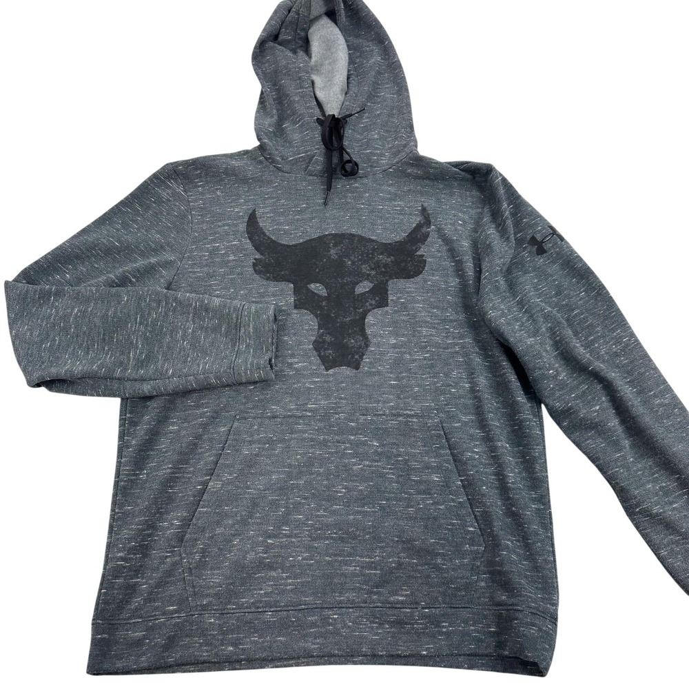 Under Armour Project Rock Hoodie Mens Medium Gray ColdGear Bull Logo Fleece‎